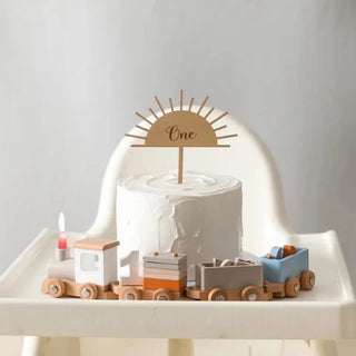 Montessori wooden train set with locomotive and carriages in neutral tones, ideal for toddler play and learning.