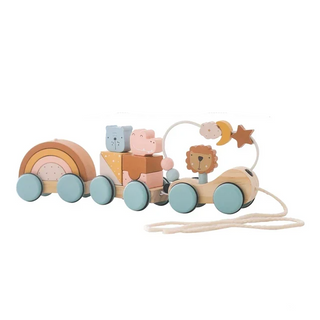 Wooden Montessori zoo train toy with detachable animal carriages in soft natural tones, perfect for toddler pull-along play.