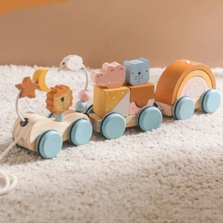 Wooden Montessori zoo train toy with detachable animal carriages in soft natural tones, perfect for toddler pull-along play.