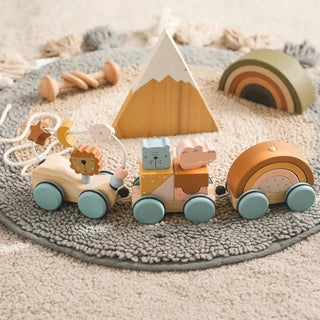 Wooden Montessori zoo train toy with detachable animal carriages in soft natural tones, perfect for toddler pull-along play.