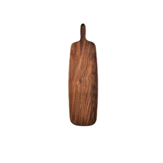 Long black walnut wood cutting board with handle, 41 cm, on white