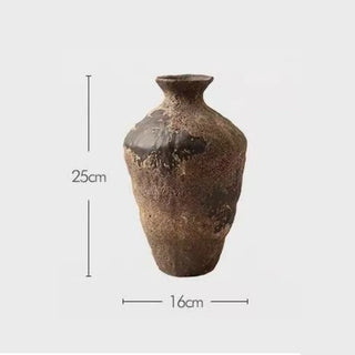 Kai rustic pottery vase in aged brown clay, 25 cm tall, with dimensions shown