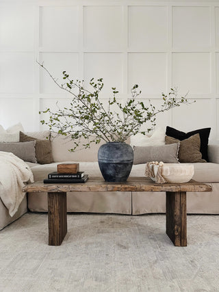 Rustic japandi interior featuring linen sofa, accent cushions, wooden coffee table, black ceramic vase and decorative accessories.