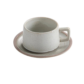 Biba white stoneware coffee cup and saucer with a speckled oatmeal glaze. Minimalist, earthy cup for tea, cappuccino or hot chocolate. 
