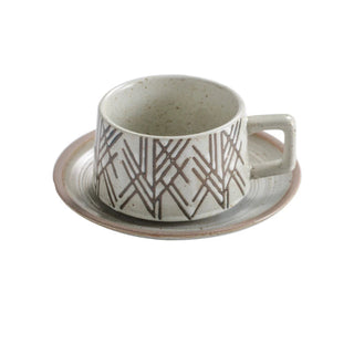 Biba stoneware coffee cup and saucers with a minimalist, geometric motif. Perfect for tea, coffee, cappuccino or hot chocolate. 