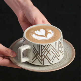 Biba stoneware coffee cup and saucers with a minimalist, geometric motif. Perfect for tea, coffee, cappuccino or hot chocolate. 