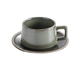 Biba stoneware coffee cup and saucer set with a rustic green glaze. Perfect for tea, coffee, cappuccino or hot chocolate.