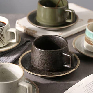 Biba stoneware coffee cup and saucer set with a rustic green glaze. Perfect for tea, coffee, cappuccino or hot chocolate.